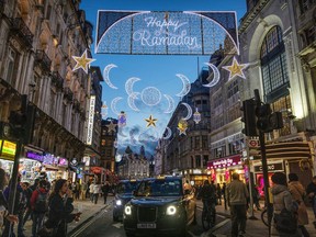 First ever Ramadan lights installation at Piccadilly Circus is pictured on the eve of the first day of Ramadan, in London, Britain, March 21, 2023.
