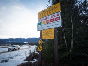An avalanche hazard warning of "considerable" is shown near Mount Renshaw outside of McBride, B.C., on Saturday, Jan. 30, 2016. Avalanche Canada has released more details about the deadly avalanche that killed three German citizens in southeastern British Columbia last week.THE CANADIAN PRESS/Darryl Dyck