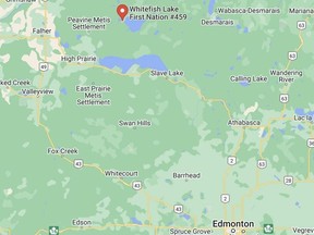 A Google Maps screenshot of Whitefish Lake First Nation, located in northern Alberta.