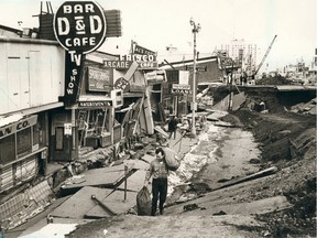 On this day in history, in 1964, the most violent earthquake known to have struck North America hit southern Alaska. The magnitude-8.3 quake affected over 500,000 square kilometres and killed 131 people. This scene is along Anchorage's main thoroughfare.