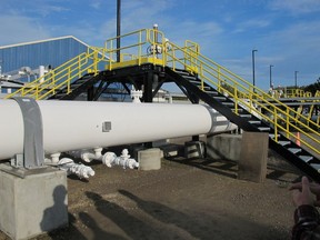 This photo taken in October 2016 shows an aboveground section of Enbridge's Line 5 at the Mackinaw City, Mich., pump station.