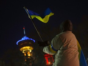 The Ukrainian Canadian Congress – Calgary Branch lead a #StandWithUkraine rally and candle-lit vigil at the Municipal Plaza to commemorate one year of Russia's fully fledged invasion of Ukraine in Calgary on Friday, Feb. 24, 2023.
