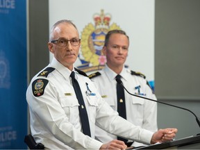 Edmonton Police Deputy Chief Devin Laforce and Supt. Shane Perka of the EPS Criminal Investigations Division provide an update on the investigation on March 23, 2023 into the deaths of two officer in Edmonton a week prior.