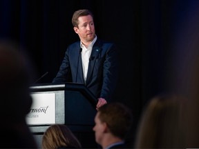 Alexis von Hoensbroech CEO of WestJet speaks at a Calgary Chamber of Commerce event on Wednesday, April 12.