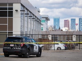 On April 12, Calgary police cordoned off an area in the parking lot of a commercial complex on Street 1 SW.
