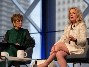 Mayor Jyoti Gondek, left, and Alberta NDP leader Rachel Notley have a conversation during the Report to Community event at Telus Convention Centre in downtown Calgary on Tuesday, April 18.