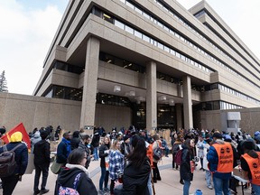 Government workers hold a picket outside the federal government Harry Hays Building in downtown Calgary on Wednesday, April 19, 2023.