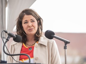 Premier Danielle Smith speaks at a press conference for an announcement about a future Event Centre in Calgary on Tuesday, April 25, 2023.