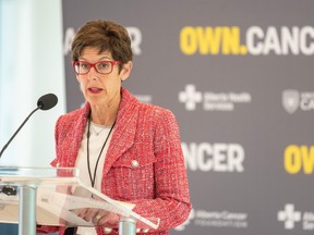 Deborah Yedlin, OWN.CANCER campaign co-chair, speaks at an event celebrating a number of transformative cancer research initiatives made possible by the funds raised by the OWN.CANCER campaign and local philanthropist Wayne Foo at the new Calgary Cancer Centre on Wednesday, April 26.