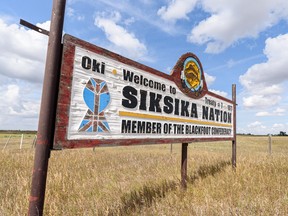 Siksika Nation's welcome sign was taken down on Saturday 21 August 2021.