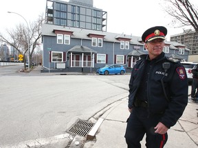 Calgary police Chief Mark Neufeld leaves after speaking to media in Calgary on Thursday, April 13, 2023 at the most recent shooting scene in Kensington.