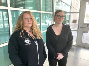 Widow Susan White (left) and Ashley Ross, the daughter of drunk driving victim Kelly Ross, speak to media after the sentencing of Wenieke Thijs for impaired driving causing the city man's death.