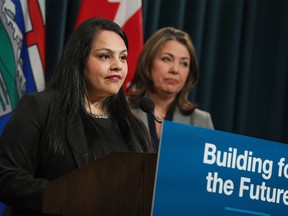 Rajan Sawhney, Minister of Trade, Immigration and Multiculturalism, speaks during a press conference at the McDougall Centre in Calgary on Monday, April 3, 2023.