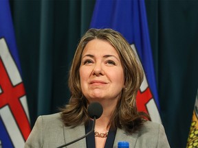 Premier Danielle Smith speaks during a news conference at the McDougall Centre in Calgary on, April 3.