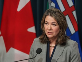 Alberta Premier Danielle Smith speaks during a press conference at the McDougall Centre in Calgary on Monday, April 3, 2023.