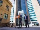 Alberta NDP justice critic Irfan Sabir and municipal affairs critic Joe Ceci released the NDP's public safety plan near the Calgary Courts Center on Sunday, April 16, 2023.