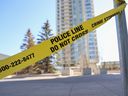 Police crime scene tape remained at Spruce Place SW on Sunday, April 16, 2023, after two public deaths occurred in that area Saturday night.  The Calgary Police Service's Victim Assistance Team was deployed to the area Sunday afternoon to help support those who witnessed the deaths.