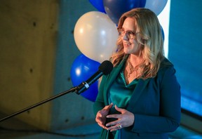 Lisa Davis, co-founder of STEM Innovation, speaks at the Smart Technologies Building on Wednesday, April 19, 2023, during an announcement that the building will soon become a hub school for several charter schools in the city.Gavin Young/Postmedia