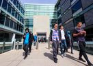 Charter school students exit the Smart Technologies Building on Wednesday, April 19, 2023 following an announcement that the building will soon become a hub school for several charter schools in the city following a recent purchase by the province.  Gavin Young/Postmedia