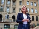 Alberta NDP Leader Rachel Notley speaks to the media about the new Calgary Arena Agreement outside the McDougall Center in Calgary on Wednesday, April 26, 2023. 