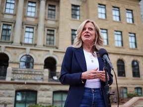 Alberta NDP Leader Rachel Notley speaks with media about the new Calgary arena deal outside the McDougall Centre in Calgary on Wednesday, April 26, 2023.