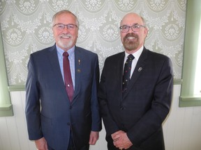 Pictured at Calgary Crime Stoppers Ruby Gala in the Wainwright Hotel at Heritage Park are Saskatchewan MLA Hugh Nerlien, left, and David Blain, president, Calgary Crime Stoppers Association.  Bill Brooks photo
