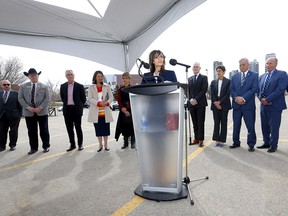 Coun. Sonya Sharp speaks during Tuesday’s announcement.