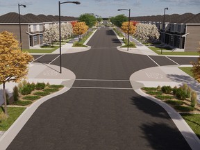 Concrete bump-outs and brick-laid crosswalks are two traffic calming measures Genstar is utilizing in the community of Rangeview. SUPPLIED