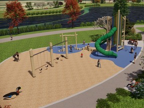 Rangeview’s first playground will be inclusive and have a rubber surface in order to be wheelchair-friendly, with the park’s centrepiece being a six-foot-long mallard duck, shown in the rendering at left.   SUPPLIED