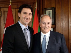 Prime Minister Justin Trudeau meets with the Aga Khan in 2016. A year later, Trudeau was found to have violated four parts of the conflict of interest act for having family vacations at the Aga Khan’s private island.