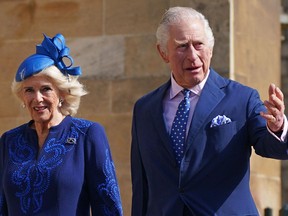 Britain's King Charles III and Camilla, Queen consort, arrive for the Easter Mattins Service at St. George's Chapel at Windsor Castle on April 9.