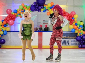 Performers take part in the Drag on Ice event at the Henry Viney Arena on Saturday, April 1, 2023. The event was originally scheduled to be held at Olympic Plaza during Chinook Blast but was rescheduled due to security concerns.