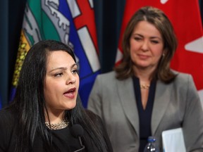 Calgary-North West UCP candidate Rajan Sawhney (L) with party leader Danielle Smith