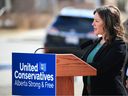 United Conservative Party MLA Rebecca Schulz speaks during a press conference April 5, 2023. The Alberta Environment and Protected Areas minister says Ottawa is threatening the province by suggesting it will withhold federal funding from electricity projects that don't reduce greenhouse gas emissions.