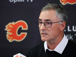Calgary Flames president and CEO John Bean speaks about the departure of GM Brad Treliving at the Scotiabank Saddledome in Calgary on Monday, April 17, 2023.