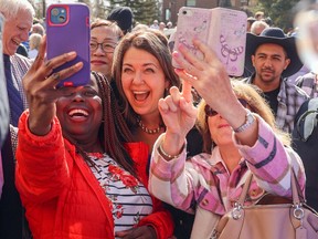 Alberta Premier Danielle Smith greets supporters after a UCP campaign launch event in Calgary on Saturday, April 29, 2023.