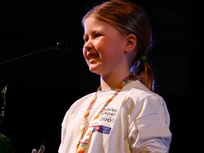Then-eight-year-old Mattea Roach of Webber Academy breathes a sigh of relief after spelling a word correctly while competing in the 2007 CanWest CanSpell National Spelling Bee regional finals.