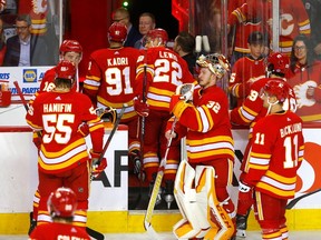 The Calgary Flames leave the ice at the Scotiabank Saddledome after wrapping up a disappointing season on Wednesday, April 12, 2023.