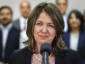 Alberta Premier Danielle Smith makes an announcement at the Chinese Cultural Centre in Calgary, Friday, April 14, 2023. A member of the premier's multiculturalism panel has resigned after the Opposition resurrected social media posts of anti-Semitism.
