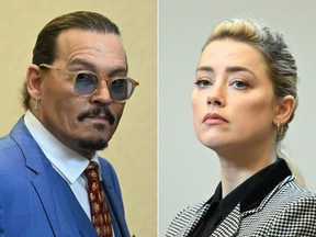 This combination of pictures created on June 1, 2022 shows Johnny Depp (L), and Amber Heard attending the defamation trial on May 24, 2022.