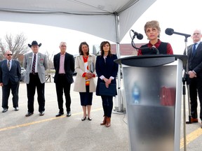 Mayor Jyoti Gondek speaks during the announcement of the future event center in Calgary on Tuesday, April 25, 2023.