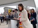 Premier Danielle Smith speaks during the announcement of the future event center in Calgary on Tuesday, April 25, 2023.