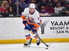 New York Islanders centre Bo Horvat moves the puck against the Los Angeles Kings during the first period at Crypto.com Arena at a game earlier this month.