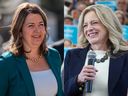 Danielle Smith and Rachel Notley in Calgary at the beginning of the 2023 Alberta provincial election on Monday, May 1, 2023.