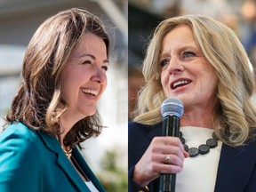 Danielle Smith and Rachel Notley in Calgary at the beginning of the 2023 Alberta provincial election on May 1.