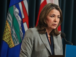 Alberta Premier Danielle Smith speaks in Calgary on April 3.