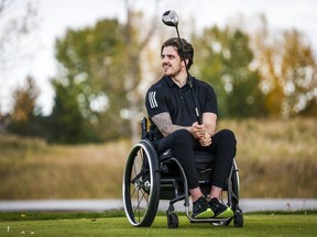 Humboldt Broncos bus crash survivor Ryan Straschnitzki pauses during a para golf lesson in Calgary, Tuesday, Sept. 28, 2021. Spending the last five years using a wheelchair has given former Humboldt Broncos hockey player Ryan Straschnitzki a new path forward.