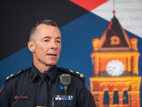 Calgary Police Chief Mark Neufeld speaks at a press conference announcing actions to make transit safer on Monday, April 3, 2023. Neufeld appeared before a council committee on Wednesday to deliver his annual report.