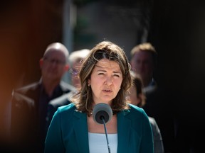 Alberta Premier Danielle Smith speaks during a press conference marking the beginning of the 2023 provincial election on May 1.