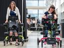 Dr. Elizabeth Condliffe, specialist in physical medicine and rehabilitation and clinical associate professor at the University of Calgary, left, and Alex Mertens, who was born with cerebral palsy, use Trexo Robotics assistive tech to take a walk during an event hosted by RESTORE (REsearching STrategies fOr Rehabilitation) Network, which is combining research and technology to improve the lives of people with spinal cord injury, stroke and movement impairments, on Tuesday, May 2, 2023. Mertens uses her Trexo to walk around 2,000 steps a day in her neighbourhood and walk her dog sometimes.